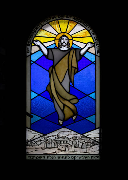 South Newport, Georgia, USA - April 1, 2018: Close-up view of stained glass artwork of Jesus inside Christ’s Chapel in Memory Park, known as “The Smallest Church in America”.