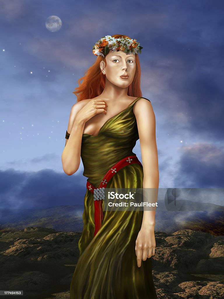 Pre Raphaelite Woman Illustration of a redheaded woman in a silk dress in a Pre Raphaelite style Arthurian Legend Stock Photo