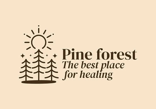Pine forest, the best place for healing. Line art illustration design of pine trees in vintage color and style
