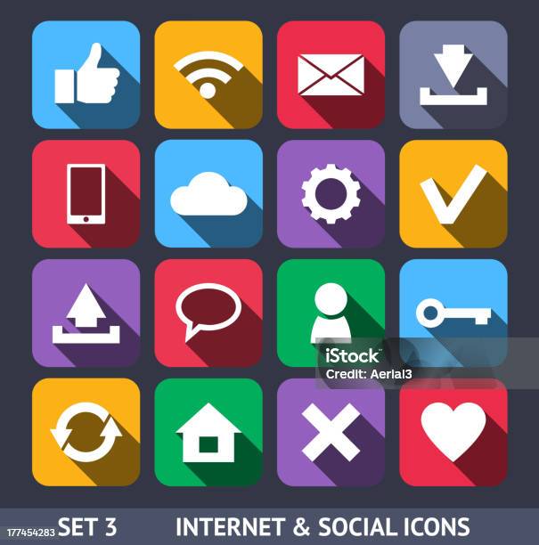 Интернет И Социальной Векторные Иконки Набор 3длинные Тени — стоковая векторная графика и другие изображения на тему Беспроводная технология
