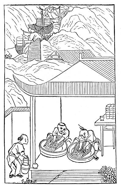 illustrazioni stock, clip art, cartoni animati e icone di tendenza di illustrazione antica: produzione di porcellana in cina (7 di 16 immagini) - industry china chinese ethnicity craftsperson
