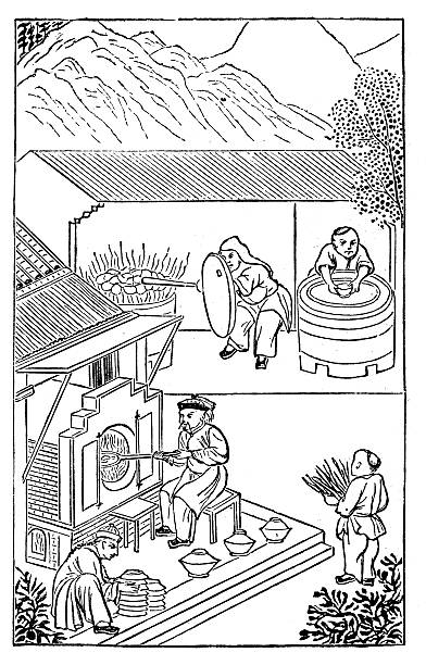 illustrazioni stock, clip art, cartoni animati e icone di tendenza di illustrazione antica: produzione di porcellana in cina (14 di 16 immagini) - industry china chinese ethnicity craftsperson