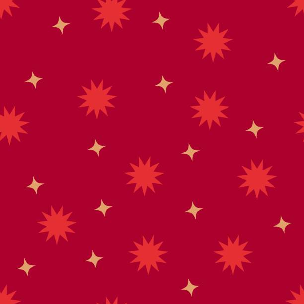 赤い背景に星型の幾何学的要素を持つシームレスなパターン。布地、テキスタイル、包装紙に最適な印刷 - star shape confetti red nobody点のイラスト素材／クリップアート素材／マンガ素材／アイコン素材