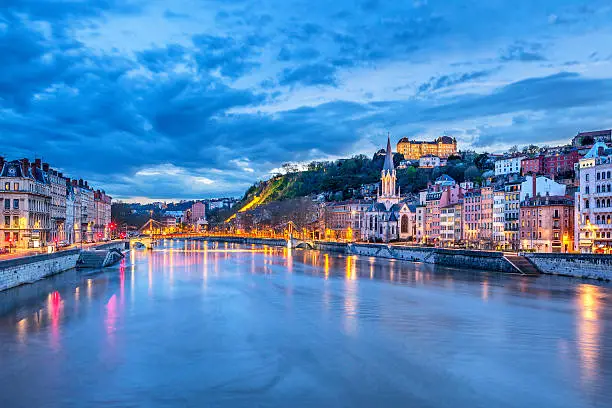 The Saone river in Lyon city at evening,  France