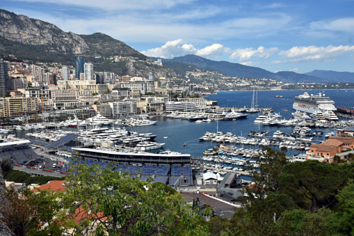 Monaco, Europe, Monte Carlo, Mediterranean Sea, Docked Boat, Residential Building Exterior, Bay Of Water, Cityscape, Mountain, Sky, Tourism