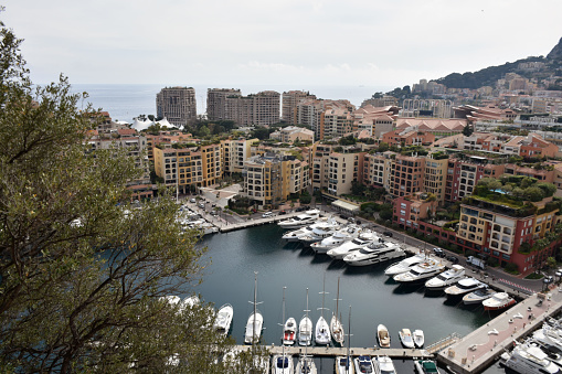 Monaco, Europe, Monte Carlo, Mediterranean Sea, Docked Boat, Residential Building Exterior, Bay Of Water, Cityscape, Mountain, Sky, Tourism, Aerial View