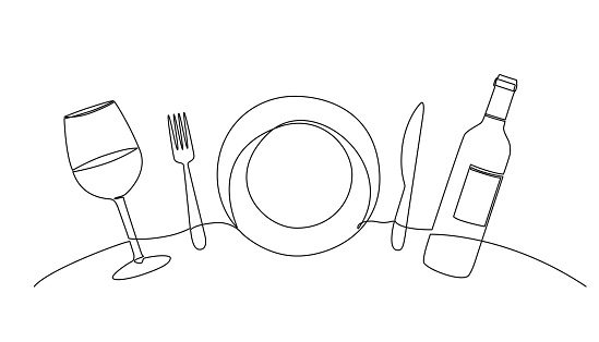 dinner concept continuous single line drawing, plate, fork, knife, wine glass and bottle line art vector illustration