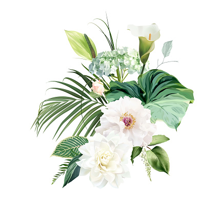 Green anthurium, white calla lily, green hydrangea, white peony and dahlia, rose, calathea, palm leaf, greenery design bouquet. Tropical wedding exotic floral. All elements are isolated and editable