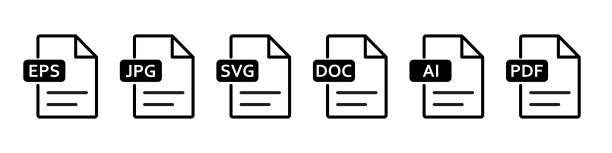 Collection of file formats big icon. File format of document - PDF, DOC, AI, EPS, JPG, SVG. Vector illustration vector art illustration