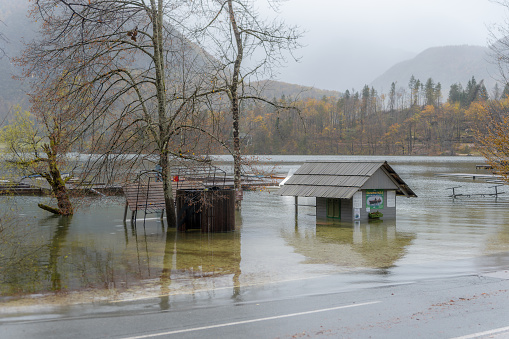 Flooded boat rental at pod Skalco on lake Bohinj, during the flood event in November 2023, when the water was about 2m above normal level