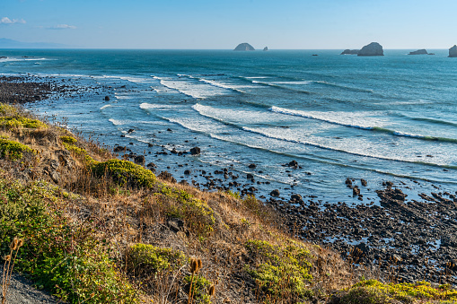 A view of the ocean from Highway 101 in Oregon State.