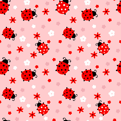Cute kids seamless patterns with flowers and ladybugs