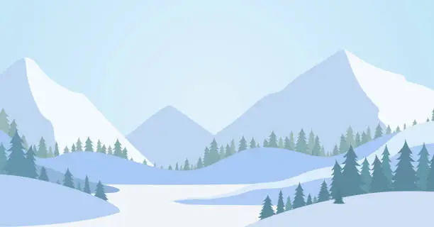 Vector illustration of Winter morning mountains. Winter landscape.