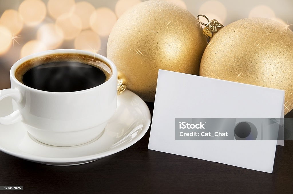 Coffee with best wishes Cup of coffee with Christmas decorations and blank card for your text Alphabet Stock Photo