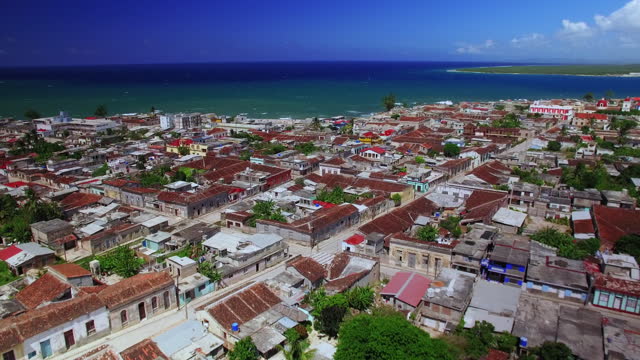 Gibara, Holguin, Cuba aerial views of traditional fishing harbor and colonial city