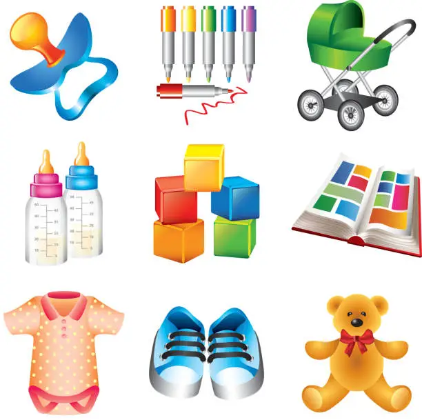 Vector illustration of baby toys and things set
