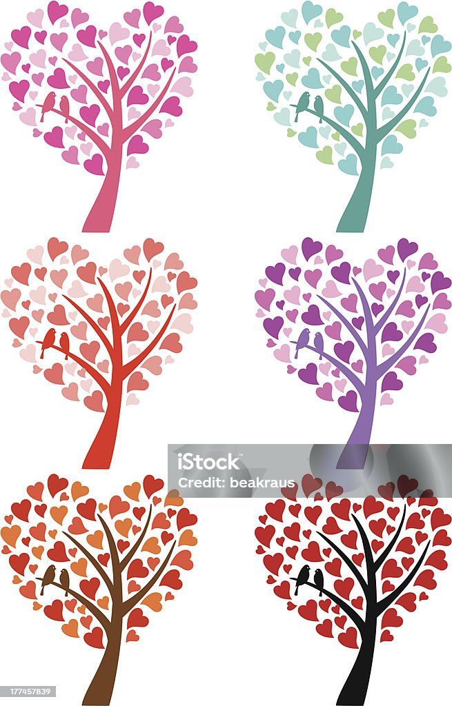 Assorted colored heart trees with birds colorful heart tree with cute birds for wedding invitation, vector set Animal stock vector