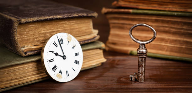 istock Old clock face and key, escape room game banner 1774583118