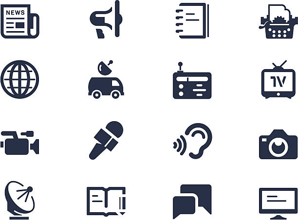 Media and press icons dark blue Journalism and press icons interview camera stock illustrations