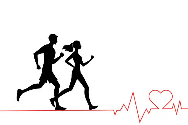 Vector illustration of silhouette male and female couple runing on red Heartbeat line or heart rate and heart icon.