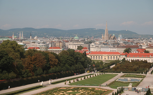 Vienna, WIEN, Austria - August 23, 2023: Gardens of Lower Belvedere Castle and skyline