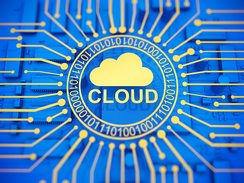 Cloud computing symbol on microchips background