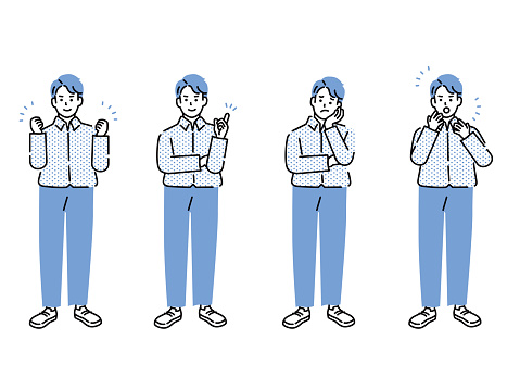 blue, sales, monochromatic, short sleeves, simple color,  simple, middle-aged, guts pose, guidance, facial expression, full body, illustration, person, man, 30s, salaried worker, motivation, think, understand, effort, surprise, worry, know, vector, family, father, business, businessman, question mark, difficulty, communication, marketing profile, job, trouble, baffle, solve, problem, research. study, learn, method, presentation, social media, conference, young