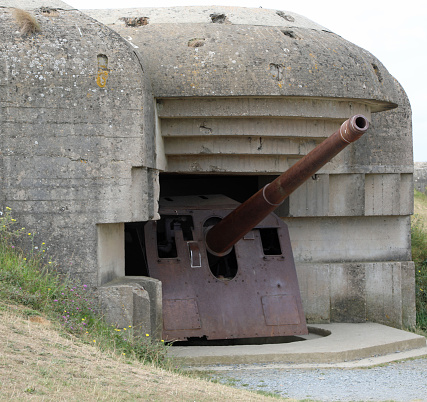 Longues-sur-Mer battery, L, France - August 21, 2022: OLD Gun Battery of Atlatic Wall in Normandy