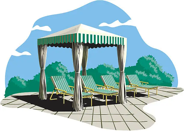 Vector illustration of Backyard Sun Shade And Lounge Chairs