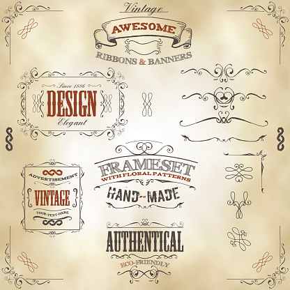 Vector illustration of a set of hand drawn frames, sketched banners, floral patterns, ribbons, and graphic design elements on vintage leather or old paper background. File is EPS10 and uses overlay transparency at 100% on gradient mesh clouds background creating 