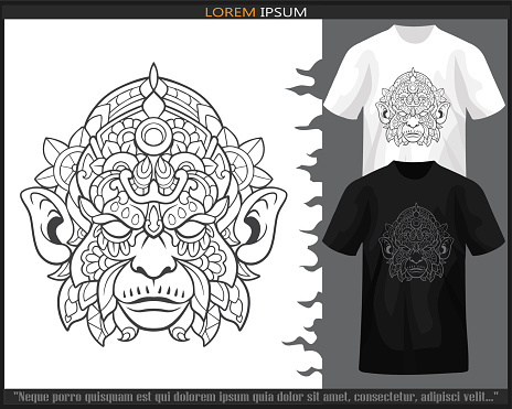 Hanoman head mandala arts isolated on black and white t shirt.