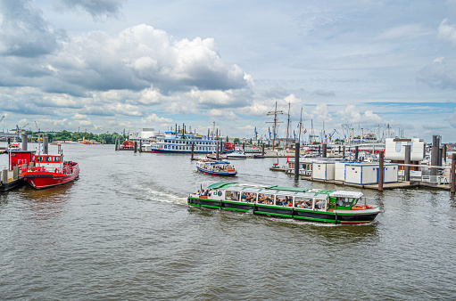 Hamburg, Germany - July 7, 2014: View of ships in the port of Hamburg, northern Germany