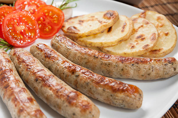 Nuremberg sausages or Bratwurst closeup stock photo