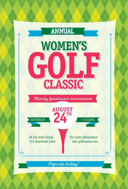 красочные женская турнир по гольфу приглашение дизайн шаблон на фоне argyle - golf women pink ball stock illustrations