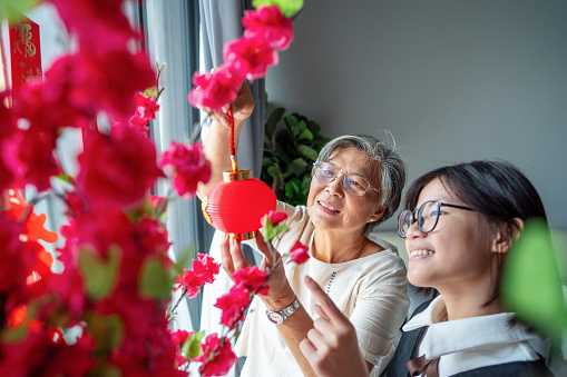 Elderly woman and grand daughter decorating house for Chinese new year, with pussy willow and red envelope hong bao decoration preparing for family reunion