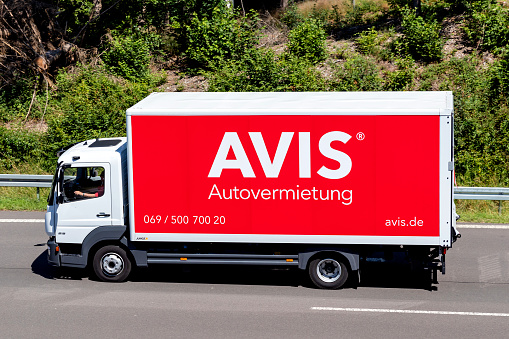 Wiehl, Germany - June 26, 2020: Avis Mercedes-Benz Atego truck on motorway