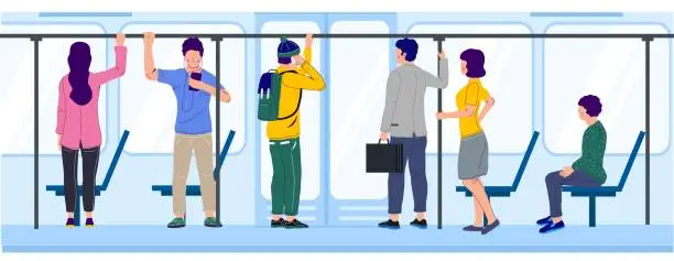 Vector illustration of Diverse people sitting and standing in public transport