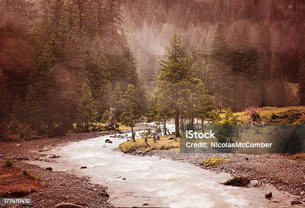 山の魅力満点のスイスの流れ雨の日 - かすみのストックフォトや画像を多数ご用意 - かすみ, カラー画像, スイス