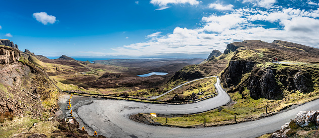 Beautiful panorama view of Quiraing with people, Scotland, Isle of Skye