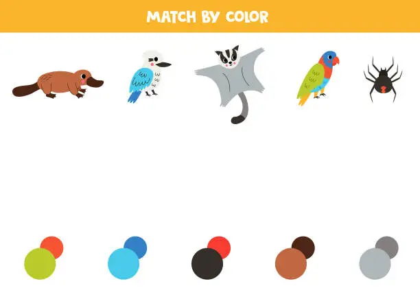 Vector illustration of Match Australian animals and colors. Educational game for color recognition.