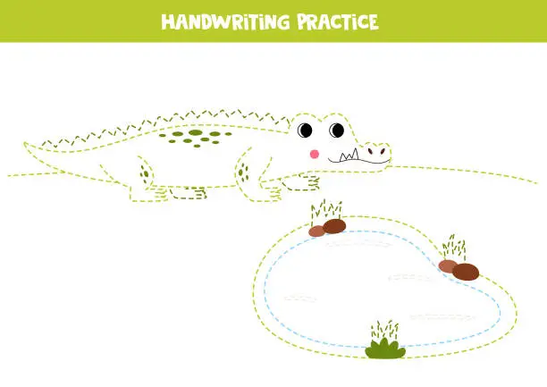 Vector illustration of Tracing lines for kids with cute green crocodile and water pond. Writing practice.
