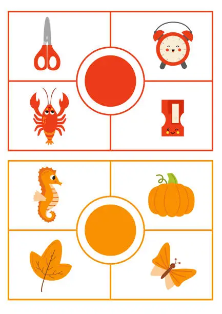 Vector illustration of Learning colors worksheet for kids. Red and orange color flashcard.