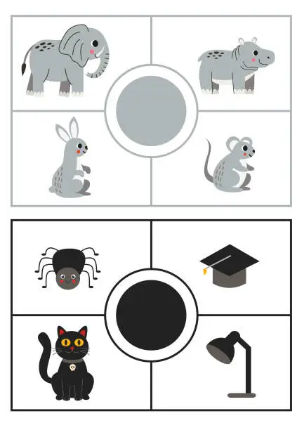 Vector illustration of Learning colors worksheet for kids. Gray and black color flashcard.