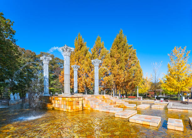 colunas de estilo grego ou romano antigo usadas como fontes no parque chichibu muse no outono. - footpath tree japan stepping stone - fotografias e filmes do acervo
