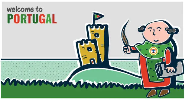 Vector illustration of Flat Design Doodle Art - Welcome to Portugal Illustration - Holiday Card - Destination Europe - Travel Spot - Locations - Places in Portugal - Gorgeous Portuguese Castle - European Travel Rentals - Portuguese Pope Welcomes You