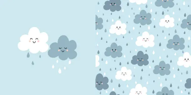 Vector illustration of Cute clouds card and seamless pattern. Background for kids with smiling clouds and rain drops. Vector illustration.