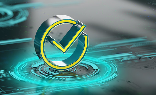 Digital check mark icon on abstract futuristic circle circuit board background. 3D render