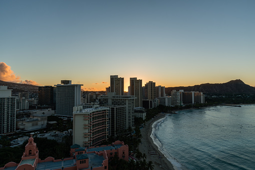 Scenic aerial panoramic Waikiki Beach vista at sunrise, Honolulu, Oahu, Hawaii