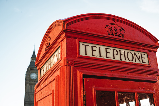 Red phone booth in Central London. Uk