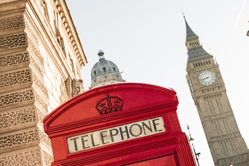 London, United Kingdom - red telephone box in the rain